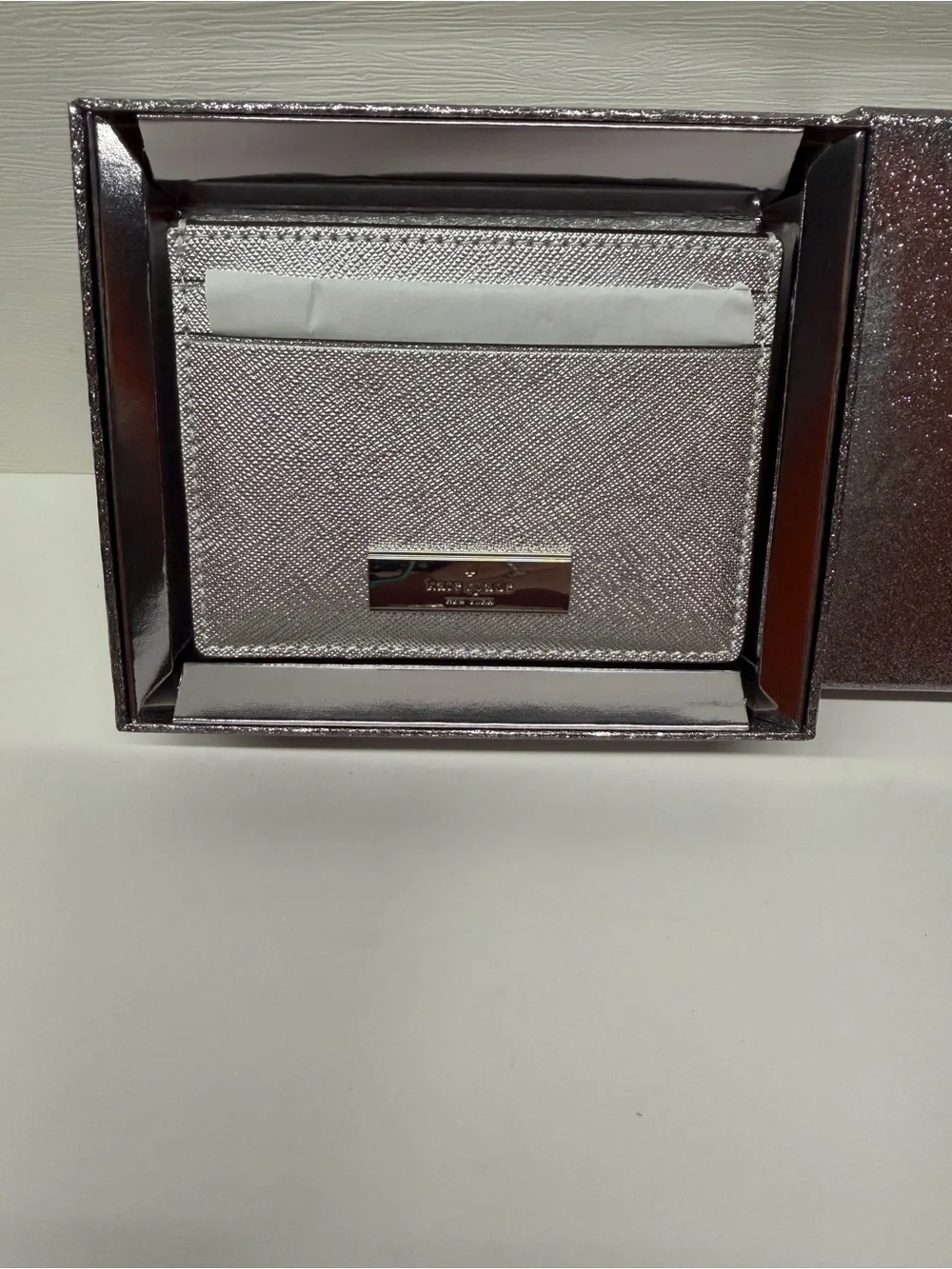 Kate Spade Kenzie Metallic Saffiano Card Holder Silver Lunar Light NIB